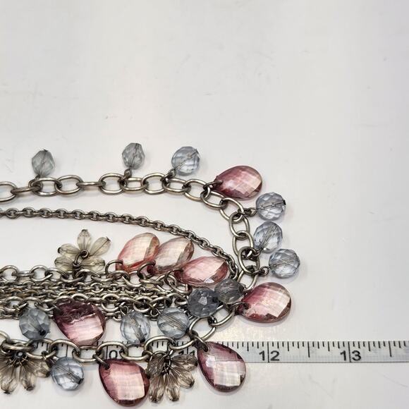 Ann Taylor Loft Layered Multi Chain Necklace Silver Tone Pink Blue Bead Workwear - Picture 5 of 6